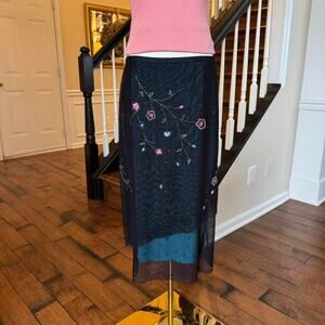 vintage bcbgmaxazria y2k sheer embroidered fairy midi skirt stretchy